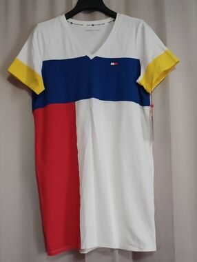 Tommy Hilfiger Sport Colorblock V-Neck T-Shirt Dress Cotton Blend Size M New